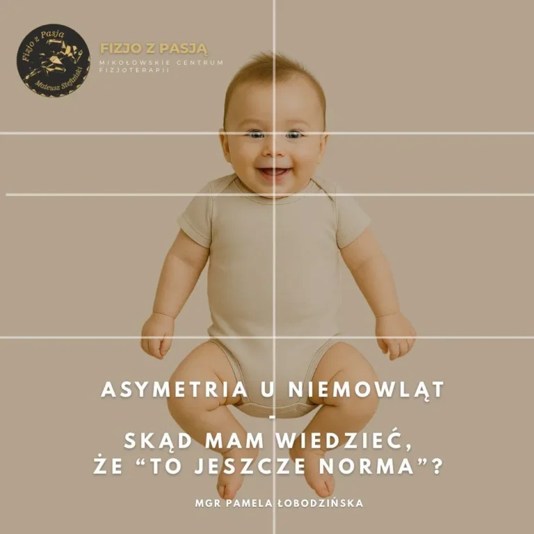 mikołów uśmiechnięte dziecko na beżowym tle z liniami symetrii i polskim tekstem o asymetrii niemowląt. fizjo z pasją