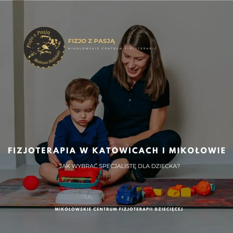 mikołów kobieta pomaga chłopcu bawić się zabawkami na macie; tekst promuje fizjoterapię dziecięcą w katowicach i mikołowie. fizjo z pasją