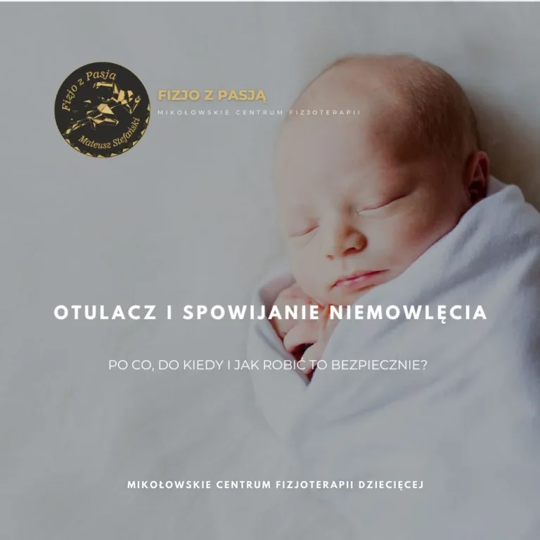 mikołów noworodek owinięty w biały kocyk, śpiący spokojnie na miękkiej powierzchni z nałożonym tekstem w języku polskim. fizjo z pasją