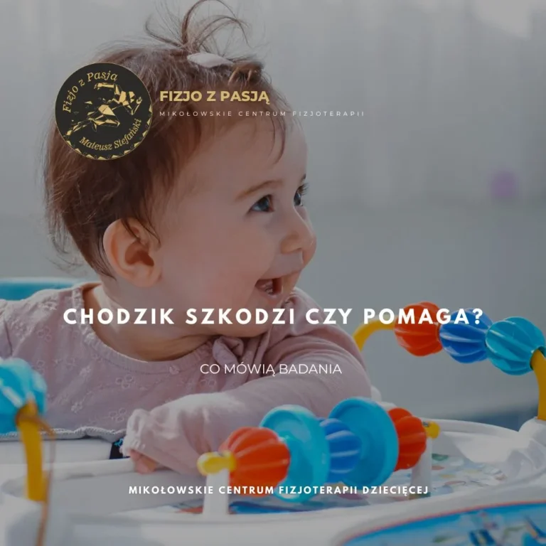 mikołów dziecko w chodziku, patrzące w bok; tekst pyta, czy chodziki są szkodliwe czy pomocne, w oparciu o wyniki badań. fizjo z pasją
