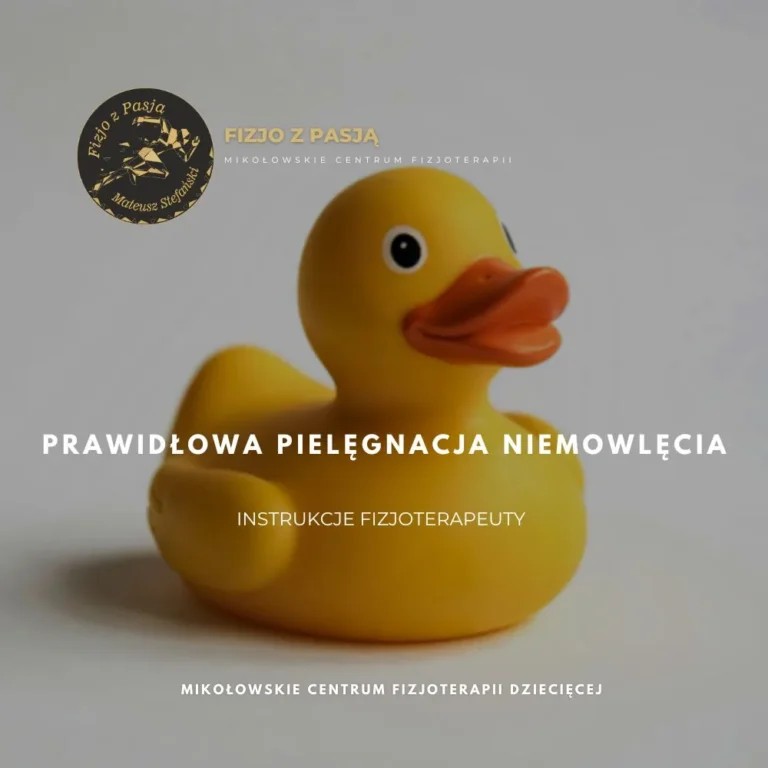 mikołów Żółta gumowa kaczuszka z polskim tekstem o prawidłowej pielęgnacji niemowląt i instrukcjami fizjoterapii. fizjo z pasją