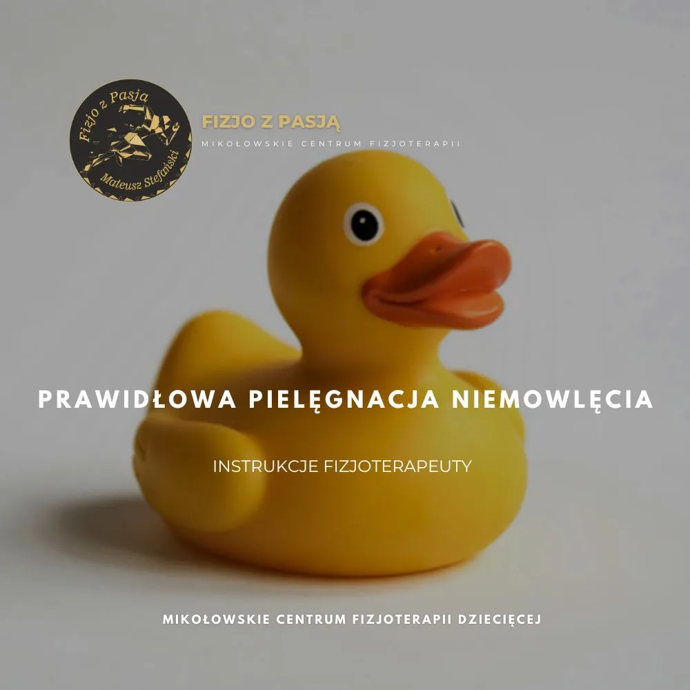 mikołów Żółta gumowa kaczuszka z polskim tekstem o prawidłowej pielęgnacji niemowląt i instrukcjami fizjoterapii. fizjo z pasją