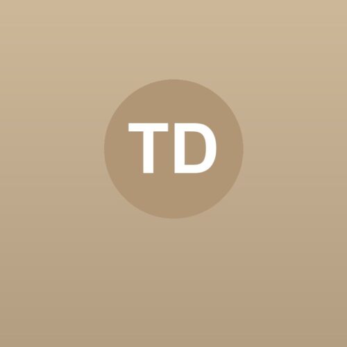 mikołów jasnobrązowe koło z białymi literami „td” na beżowym tle z gradientem. fizjo z pasją